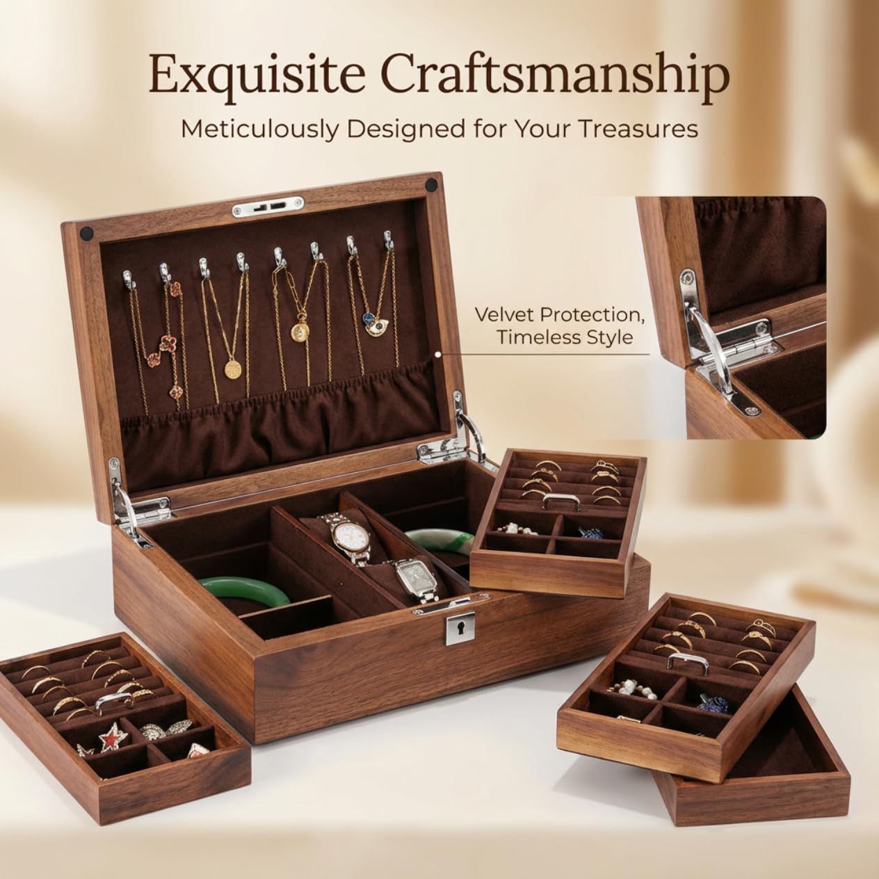 LIBOLXSP Black Walnut Jewelry Box with Privacy Lock Solid Wood Jewelry Organizer with Premium Velvet Lining Mid-Sized Keepsake Valet Box for Watches Rings Necklaces Cufflinks Unisex Gift for Men Women