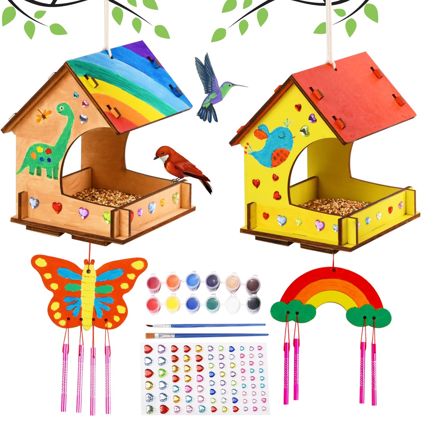 THWAS-LIGHT Wooden Arts and Crafts for Kids - 2 Pack Bird Feeder Wind Chime DIY Kids Crafts - Build and Paint Educational Fun Art Activities Gifts Outside Toys for Boys Girls Ages 3-5 8-12 6-8