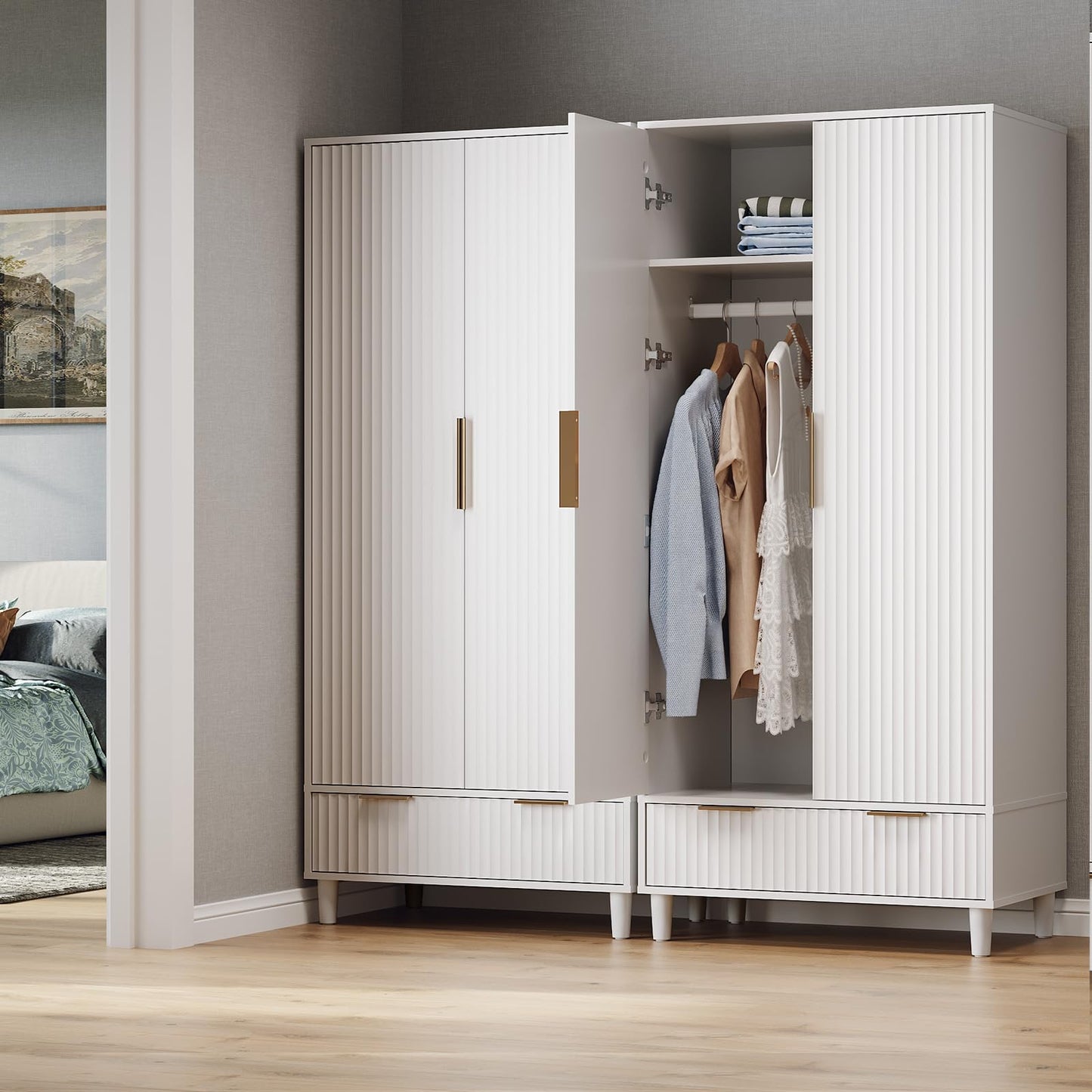 VINGLI Fluted Wardrobe Closet Armoire with Doors And Drawers, White Wardrobe Cabinet with Hanging Rack, Bedroom Closet Wood, Free Standing Armoire with Shelf and Solid Wood Legs, 31.5"W*19.7"D*69.3"H