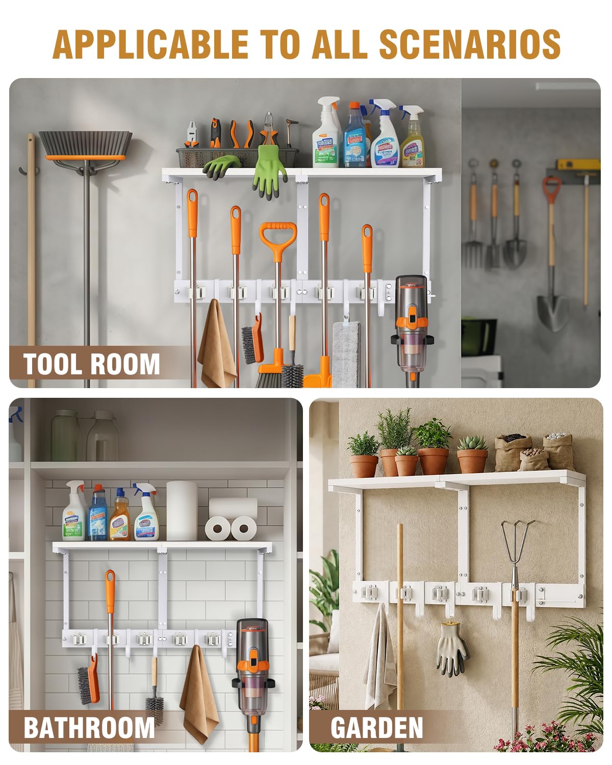 Broom Holder Wall Mount with Top Wooden Shelf, Heavy Duty Metal Cleaning Supplies Broom Hanger with Vacuum Organizer and 5 Slots & 5 Hooks for Laundry Garage Tool Storage Kitchen (Large, White)