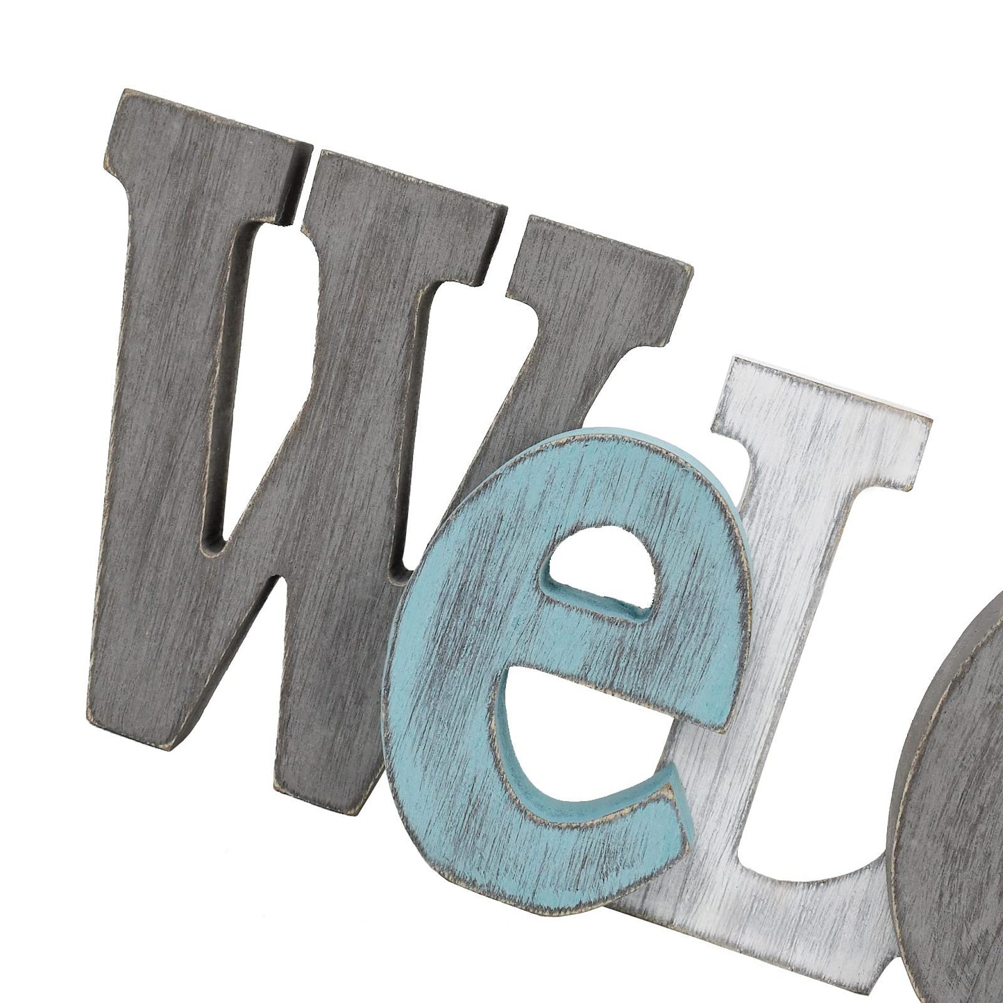 Linfevisi Wooden Welcome Sign Aqua Hanging Block Letters Sign Rustic Freestanding Wood Word Decor Decorative Welcome Table Sign Cutout Word Art Wall Decor (Welcome)