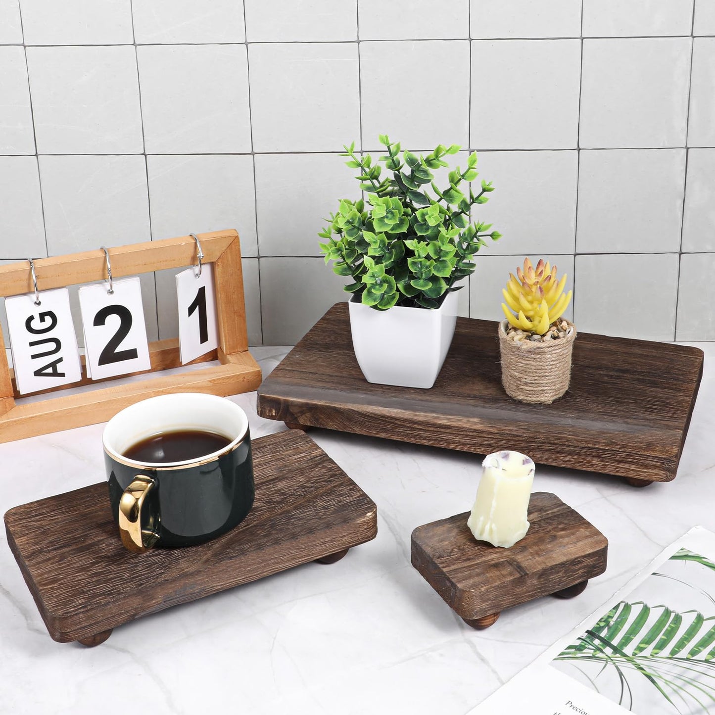 BotleFlow 3 Pcs Wooden Risers for Display Wood Pedestal Stand Wood Riser Display Pedestal Stand Square Wooden-Pedestal Holder for Decor Home Kitchen,3 Sizes(12 x 6.7, 8 x 4.7, 4 * 2.8 in,Brown)