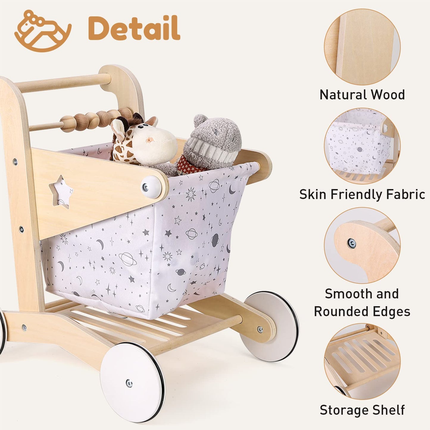 Woodtoe Wooden Baby Walker Doll Stroller, Adjustable Speed Shopping Cart for Toddlers 1-3, Baby Push Walker, Pretend Play Grocery Wagon, Baby Push Toys, Montessori Birthday Toy Gift for 1 2 3 Year Old