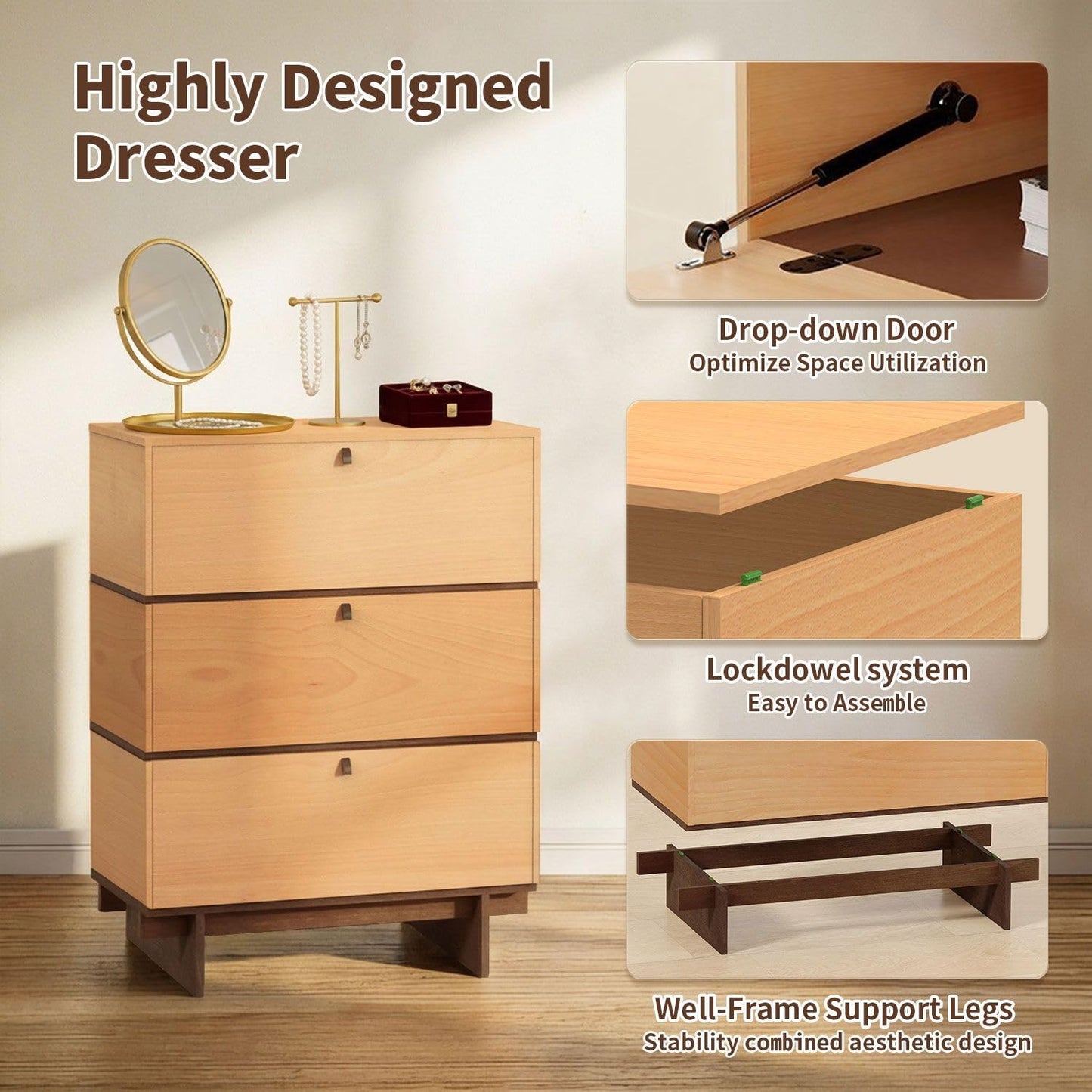 WHOOSPEREH 3 Drawers Dresser, 15" D x 23.6" W x 34.8" H in Mid Century Modern Chest of Drawers, Wooden Storage Cabinet for Bedroom, Closet, Beech Basswood Duet Color
