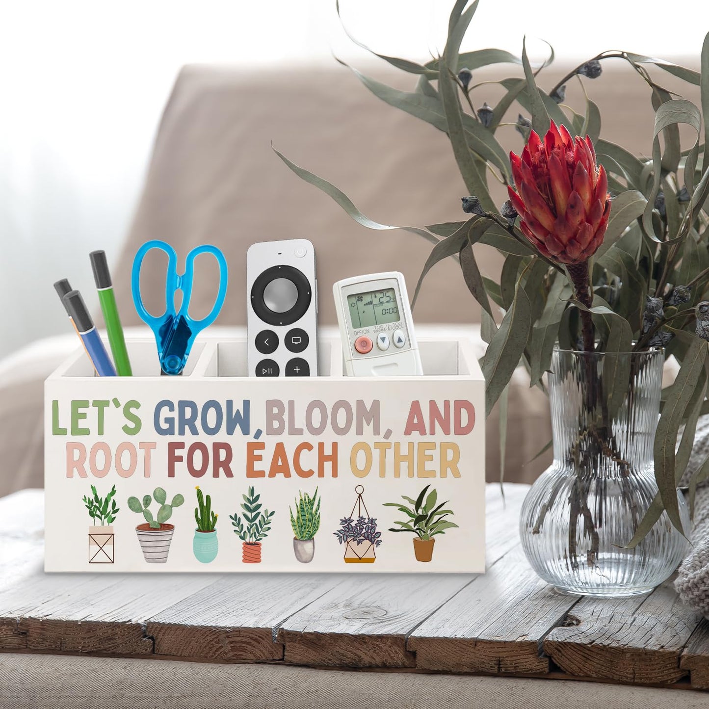 URLLUAE Boho Plant Classroom Wooden Pen Pencil Holder for Office Desk Accessories, Back to School Supplies for Students College Boys Girls Teachers First Day of School, Let's Root for Each Other