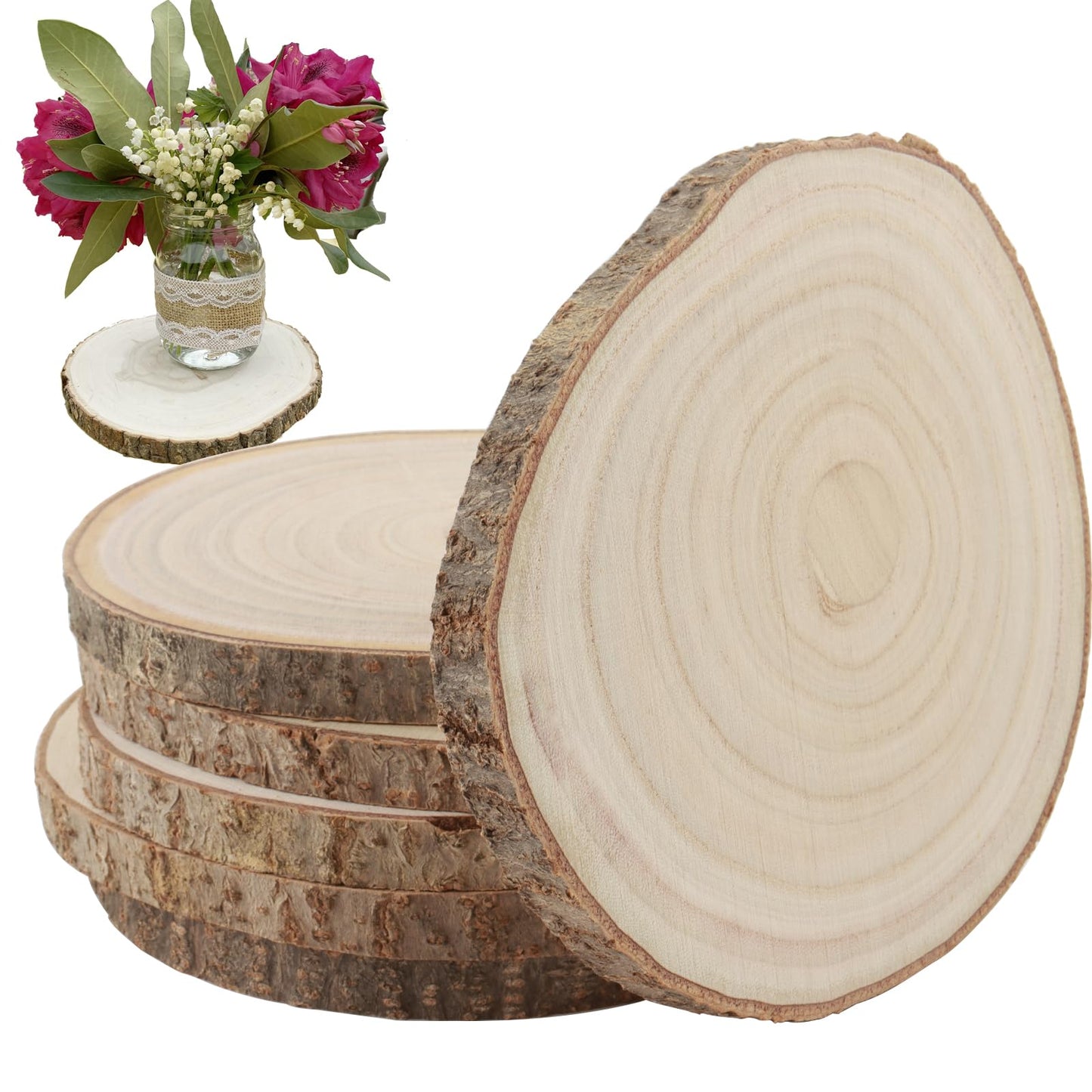 KINJOEK 6PCS 9-10 Inch Large Natural Wood Slices with Bark, Unfinished Wooden Table Coasters Circles, Blank Round Wood Ornaments Slice Bulk for Centerpieces DIY Craft Wedding Party Christmas Decor