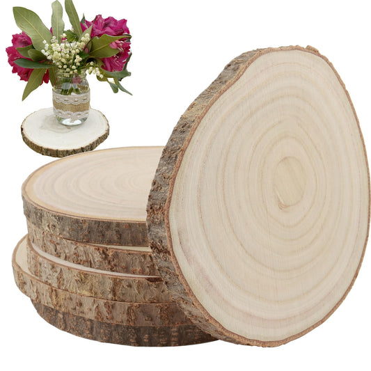 KINJOEK 6PCS 9-10 Inch Large Natural Wood Slices with Bark, Unfinished Wooden Table Coasters Circles, Blank Round Wood Ornaments Slice Bulk for Centerpieces DIY Craft Wedding Party Christmas Decor