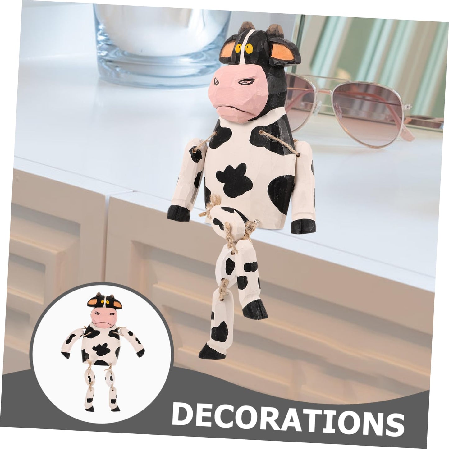 Yardenfun Cow Statue Long Legs Cartoon Cow Figurine Wooden Decor Animal Figurine for Home Garden Cake Decoration Easter Display Kids Gift 12.20 X 5.51 X 1.96 in