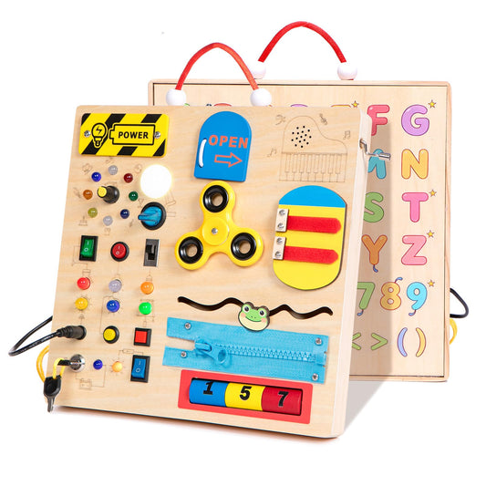 GNAYUIJ Wooden Busy Board Montessori Toy for Toddlers,Educational Learning Toy for 1 2 3 Year Boys & Girls,Sensory Activity Board with LED Light & Music Boxes, Travel Toys for Kids Birthday Gift