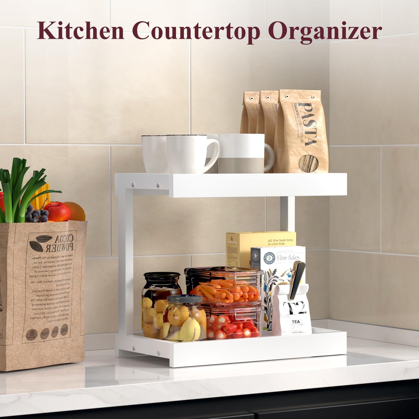 MARTY 2 Tier 15.75"x8.9" Large Countertop Shelf Organizer Spice Rack, Coffee Station Organizer for Mugs Cups, Wooden Shelf Desktop Storage Organizer for Kitchen Bathroom Home Office (White)