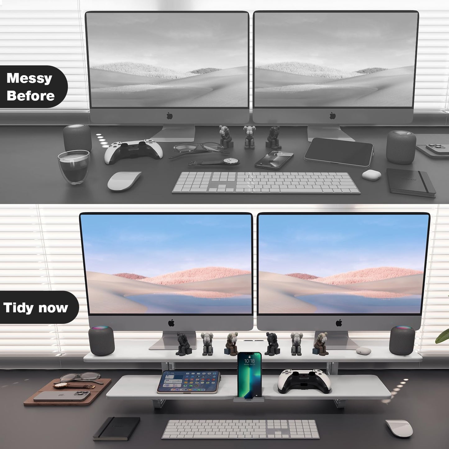 ECO-WILL Dual Monitor Stand, 2-Tier Wood Monitor Riser with Storage Organizer and Cable Management, White