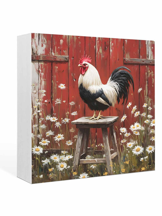 Wood Box Sign Desk Decor, Rustic Farmhouse Rustic Red Barn Rooster Wildflowers Decorative Wooden Block Box Sign Decorations for Home Office Shelf Table Decor 6x6 Inches