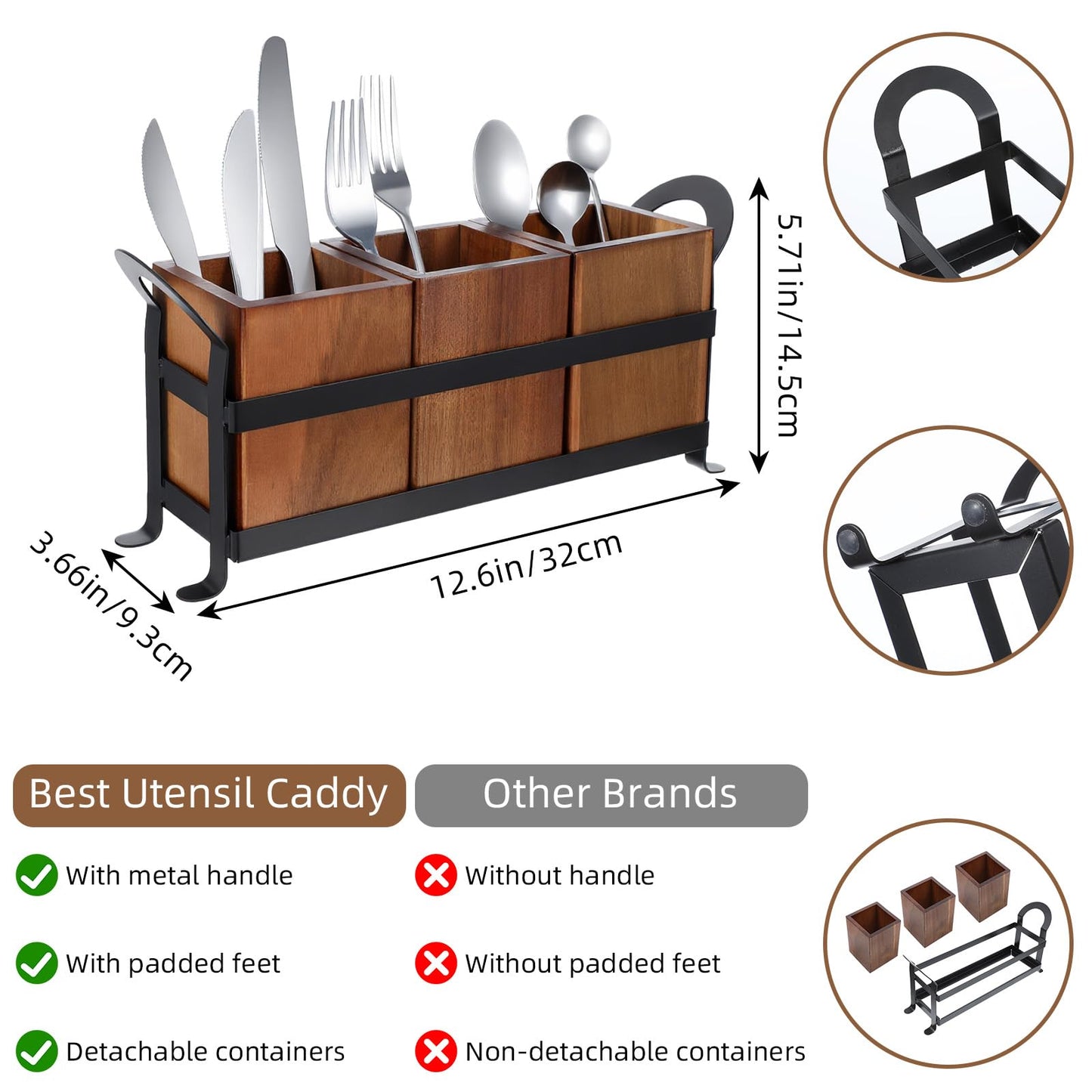 Lemecima Wooden Utensil Holder for Party, Silverware Caddy with 3 Compartments, Detachable & Portable Handle, Stylish Cutlery Holder for Countertop and Outdoor Use