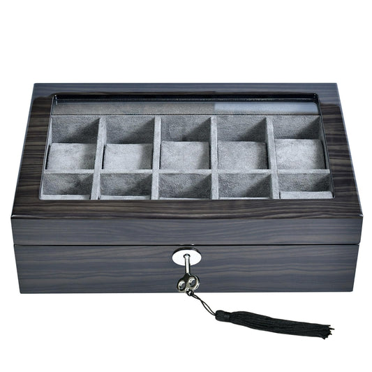 Watch Box for Men 10 Watches Storage box&Organizer Smart Watch Display Case - Ebony Wood with Soft Velvet Interior-Large Glass Window-Gift for Women and Man (10W-GYG)