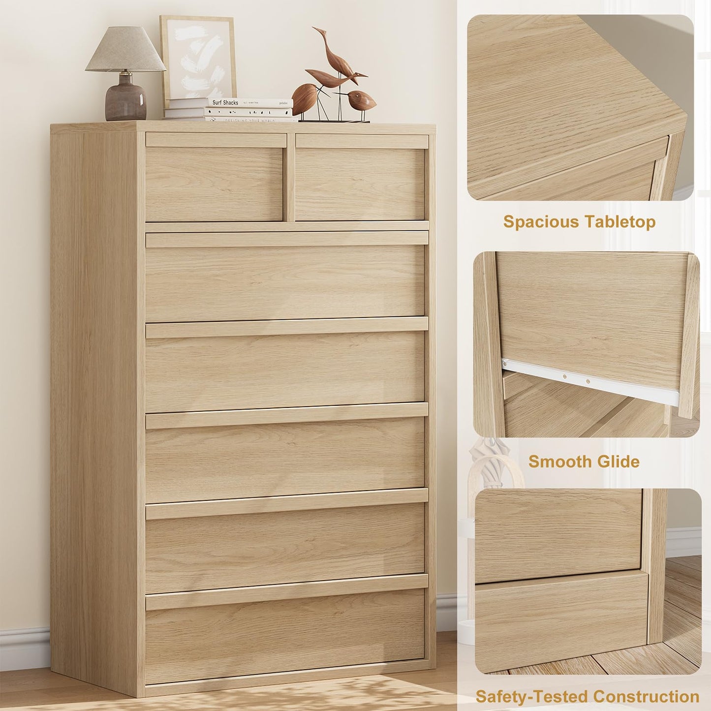 Garvee 7 Dresser for Bedroom, 46.8" Tall Dresser, Freestanding Vertical Drawer with Storage, Wooden Closet Chest Storage for Living Room, Hallway, Entryway, Natural Oak