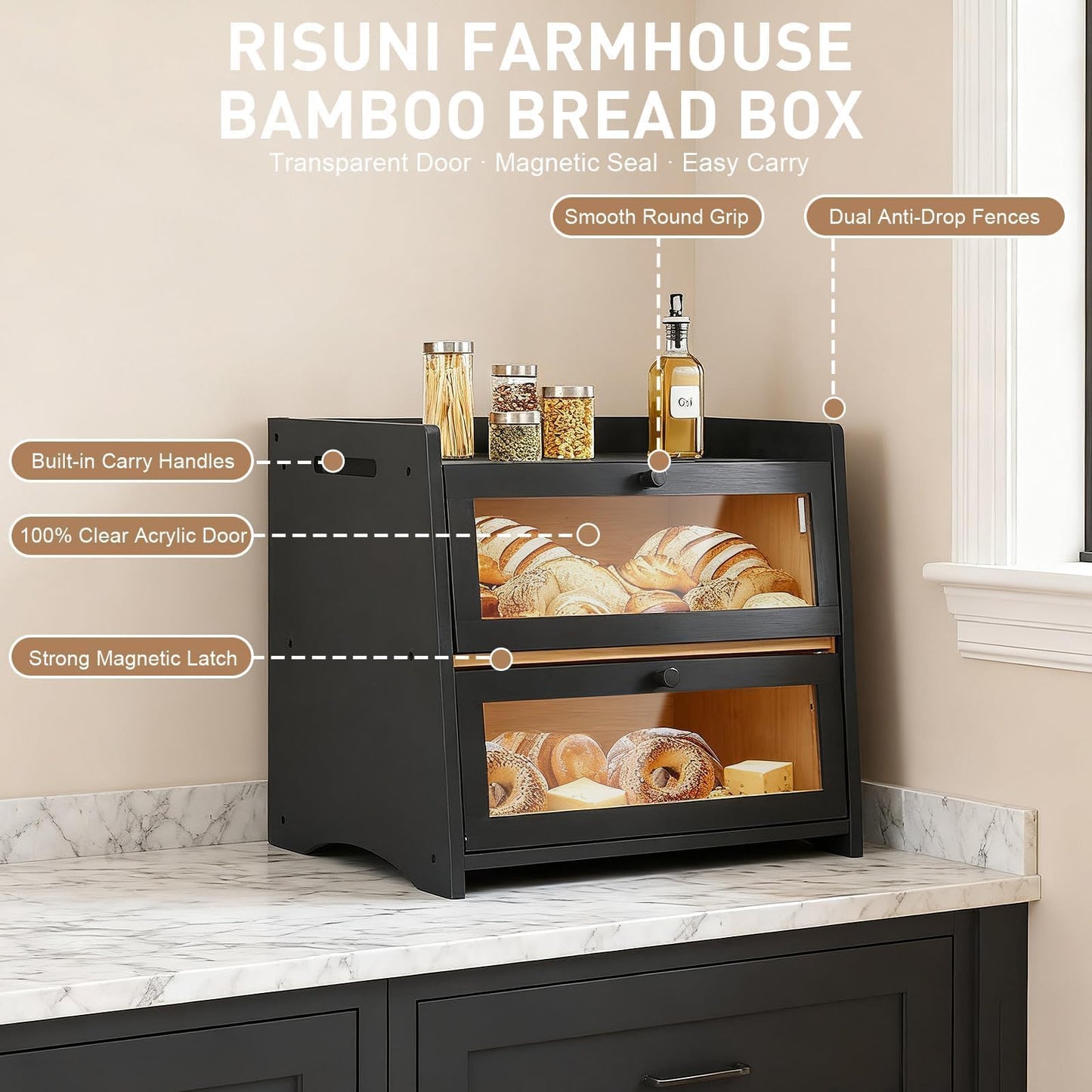 RisUni Double Layer Bamboo Bread Box for Countertop - Large Black Kitchen Storage (15.7x11.2x14.4 Inch) with Clear Window & Breathable Magnetic Closure