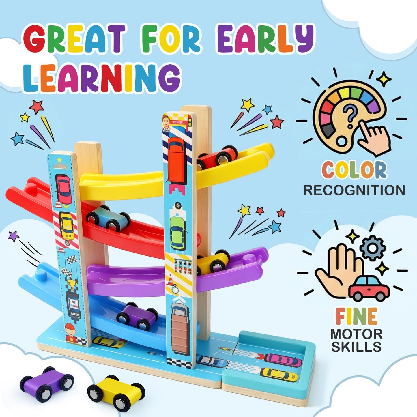 Heirio Montessori Toys for 1 2 3 Year Old Boy Girl - No Assembly Wooden Car Ramp Toy with 4 Race Cars & Parking Lot Garage, Perfect 18 Month 2nd 3rd Birthday Gifts for Toddlers Kids