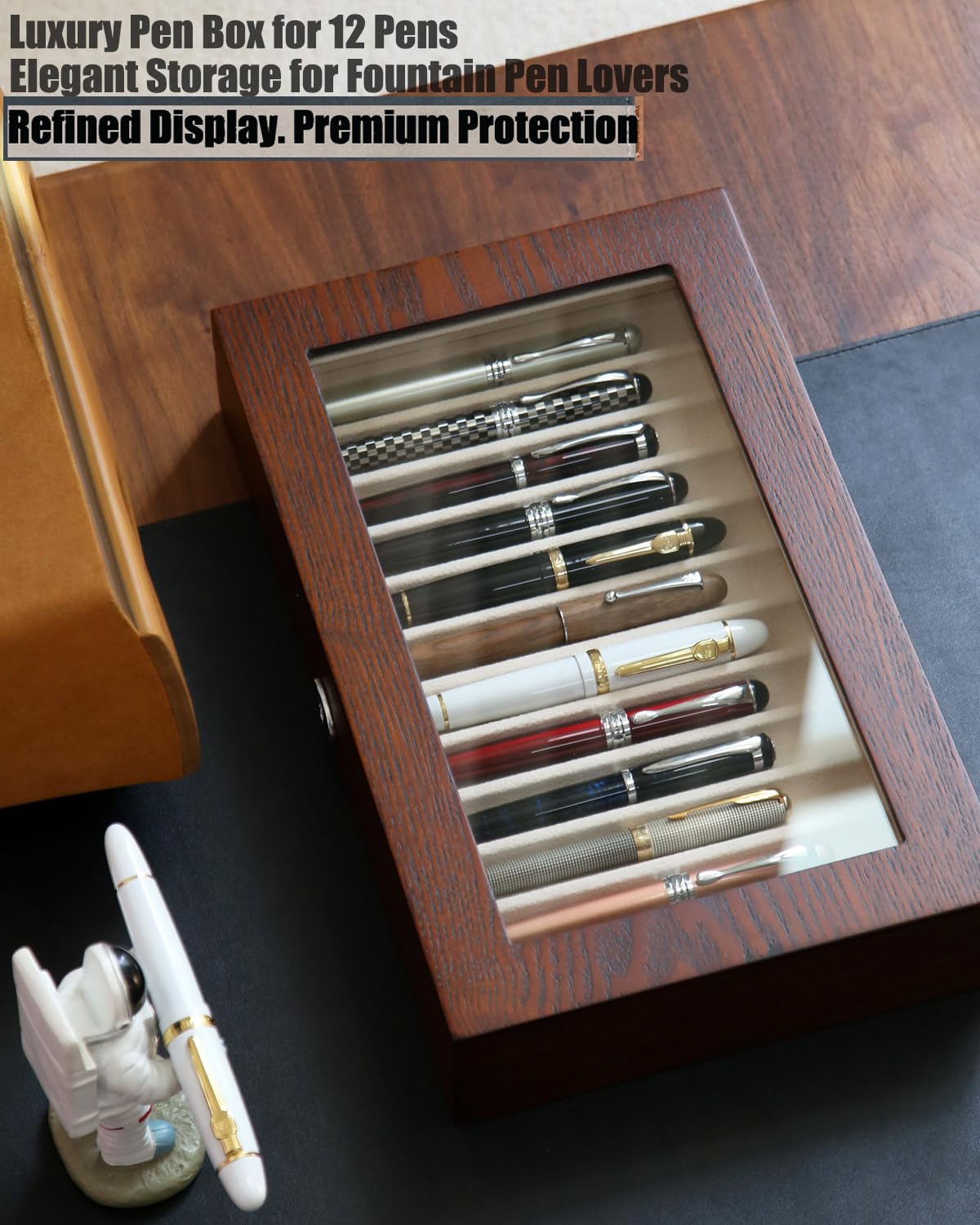 Besforu 12-Slot Fountain Pen Collector Case – Lockable Wooden Organizer with Glass Display Top, Premium Storage Box for Writing Instruments and Gift for Men