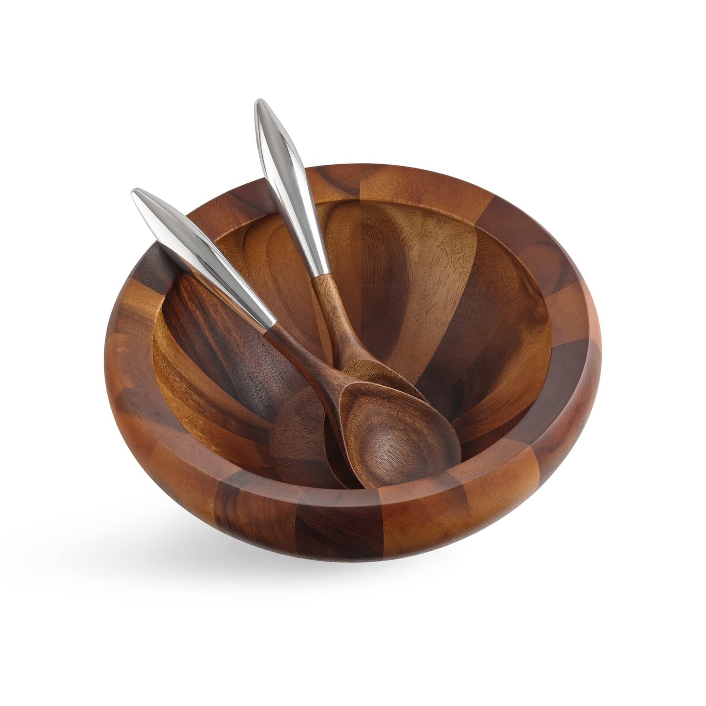Nambe Yaro Acacia Wood Salad Bowl with 2 Salad Servers | Made of Acacia wood Alloy | Large Deep Wooden Bowls | Acacia Wood Salad Bowl Set | Designed by Sean O’hara