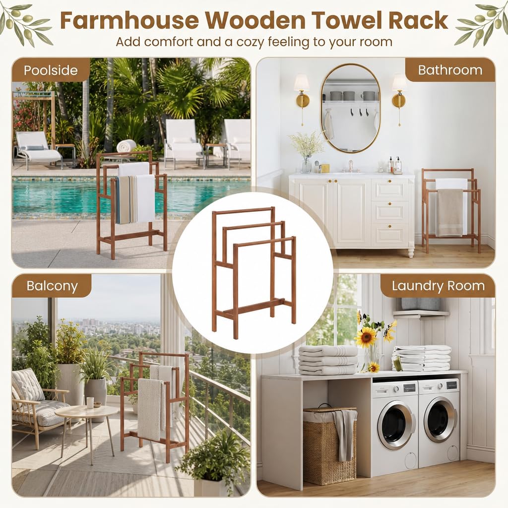 HOMGX Towel Rack & Drying Stand, Freestanding Wooden | 3-Tier Wooden Towel Holder | Sturdy Bathroom Drying Rack | Teak Oil Finish | Compact Vertical Storage | Poolside & Outdoor Use