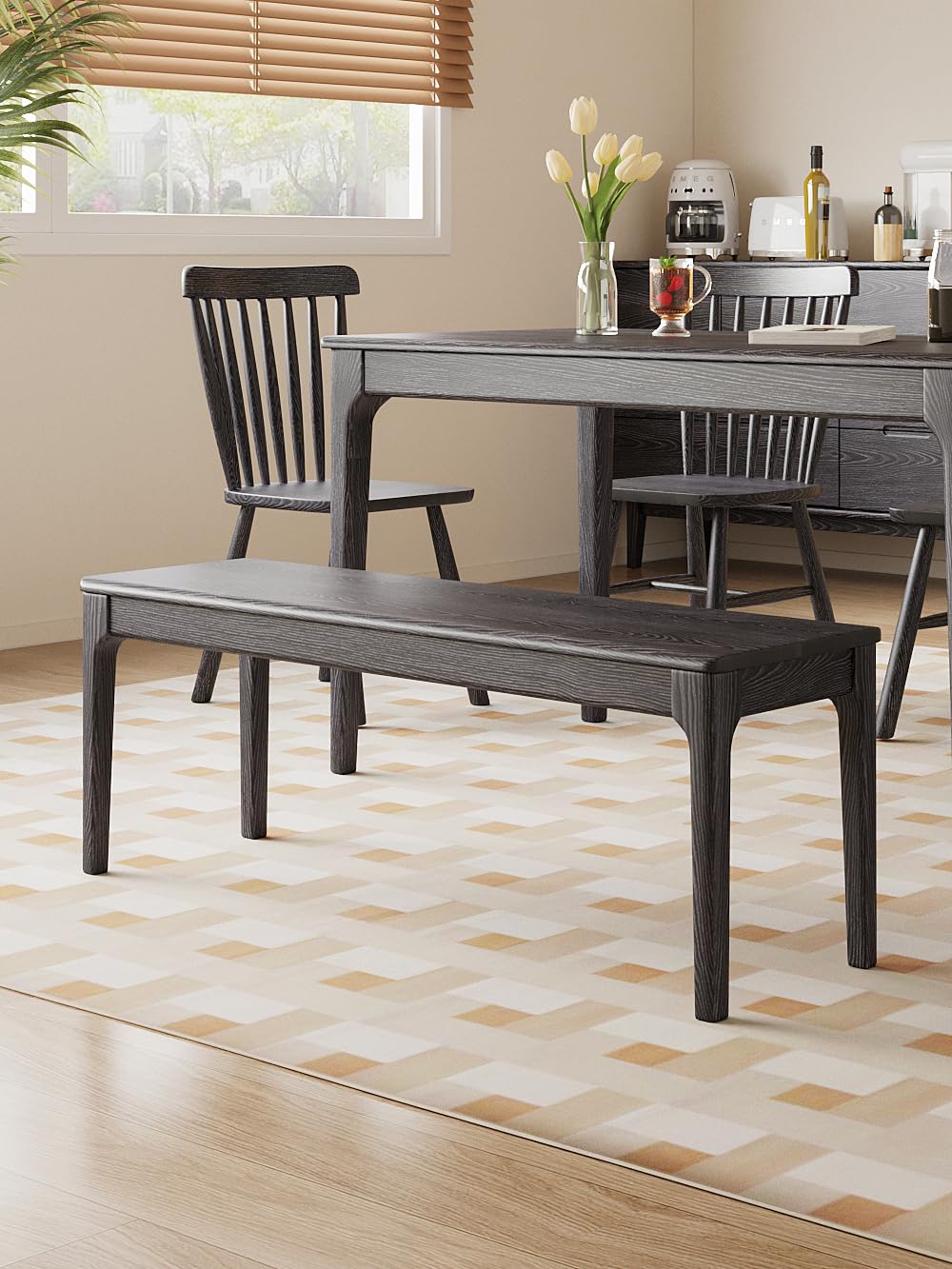 MU RONG Dining Bench, Wood Bench Solid Oak Wooden Bench Indoor Dining Room Table Home Bedroom Bed End Restaurant Modern Hallway Furniture (Black, 72" W x 13.8" D x 17.7" H)