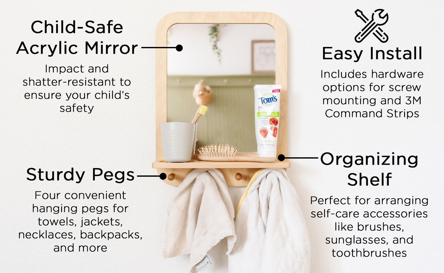 Montessori Wooden and Acrylic Wall Mirror with Hooks for Toddlers - Entryway Mirror with Hooks and Shelf Organizer Self-Care Station