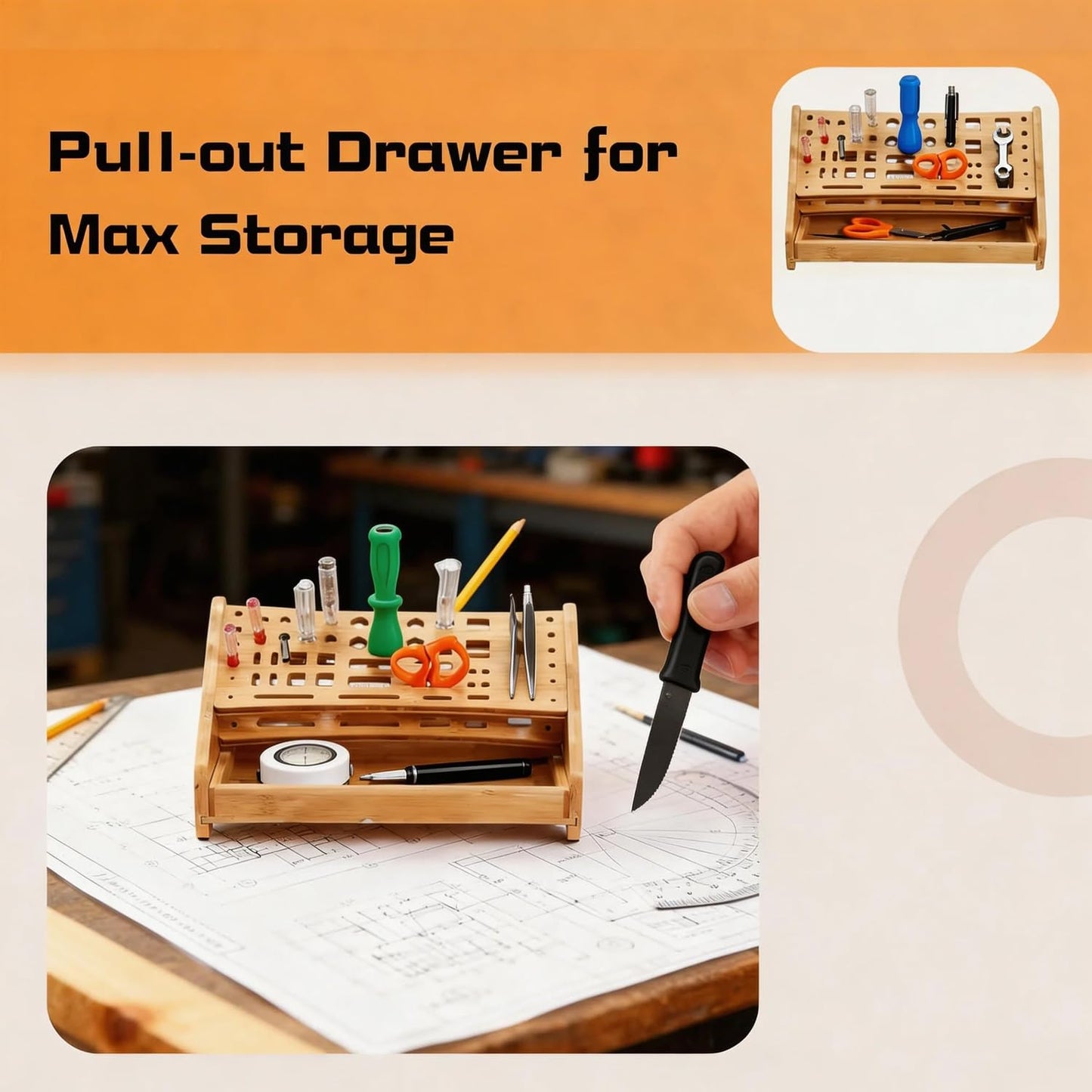 Bamboo Screwdriver Organizer, Multi-Purpose Tool Holder with Drawer, Wooden Screwdriver Storage Rack for Screwdrivers, Pliers, Wrenches, Hand Tools