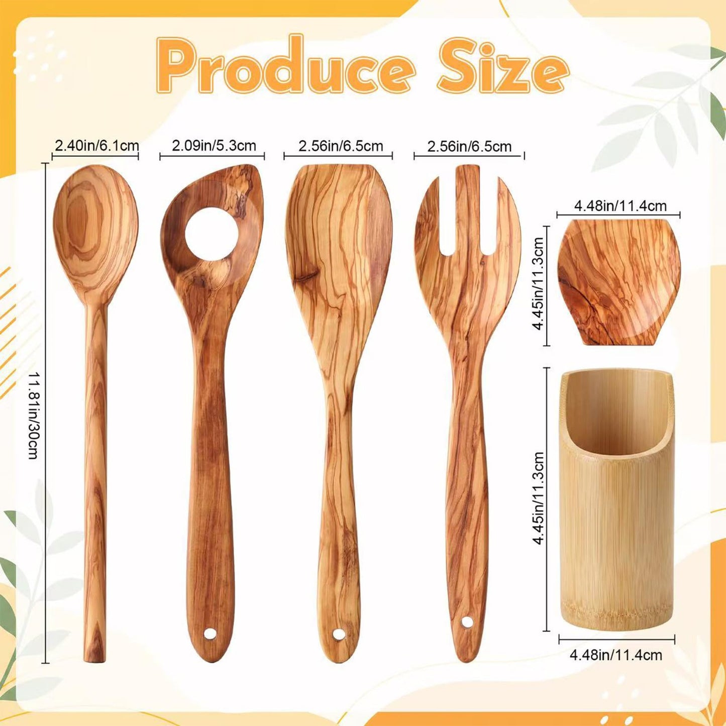 6 Pcs 12in Olive Wood Cooking Utensils Set Wooden Kitchen Utensil with Olive Spoons Spatulas Spoon Holder and Storage Container for Cooking Baking Meal Birthday Anniversary Housewarming Gifts