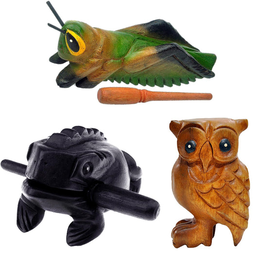 GOGHOST 3 Pcs Handmade Wooden Guiro Animal Set (Small), 3 Inch Wooden Frog, 4 Inch Wooden Cricket, and 2.3 Inch Wooden Owl Whistle, Guerrero Percussion Instruments Artistic Craft