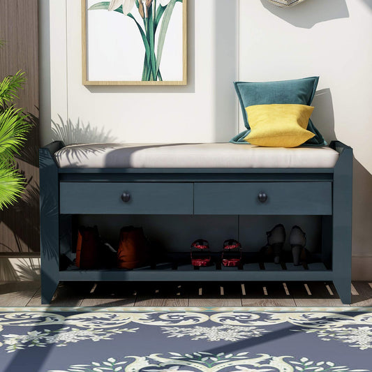 SPOFLYINN Shoe Bench, Entryway Storage Benches with Cushion Seating and Storage Drawers, Multipurpose Wooden Shoe Bench with Bottom Shelf for Entryway Hallway Living Room Bedroom Antique Navy