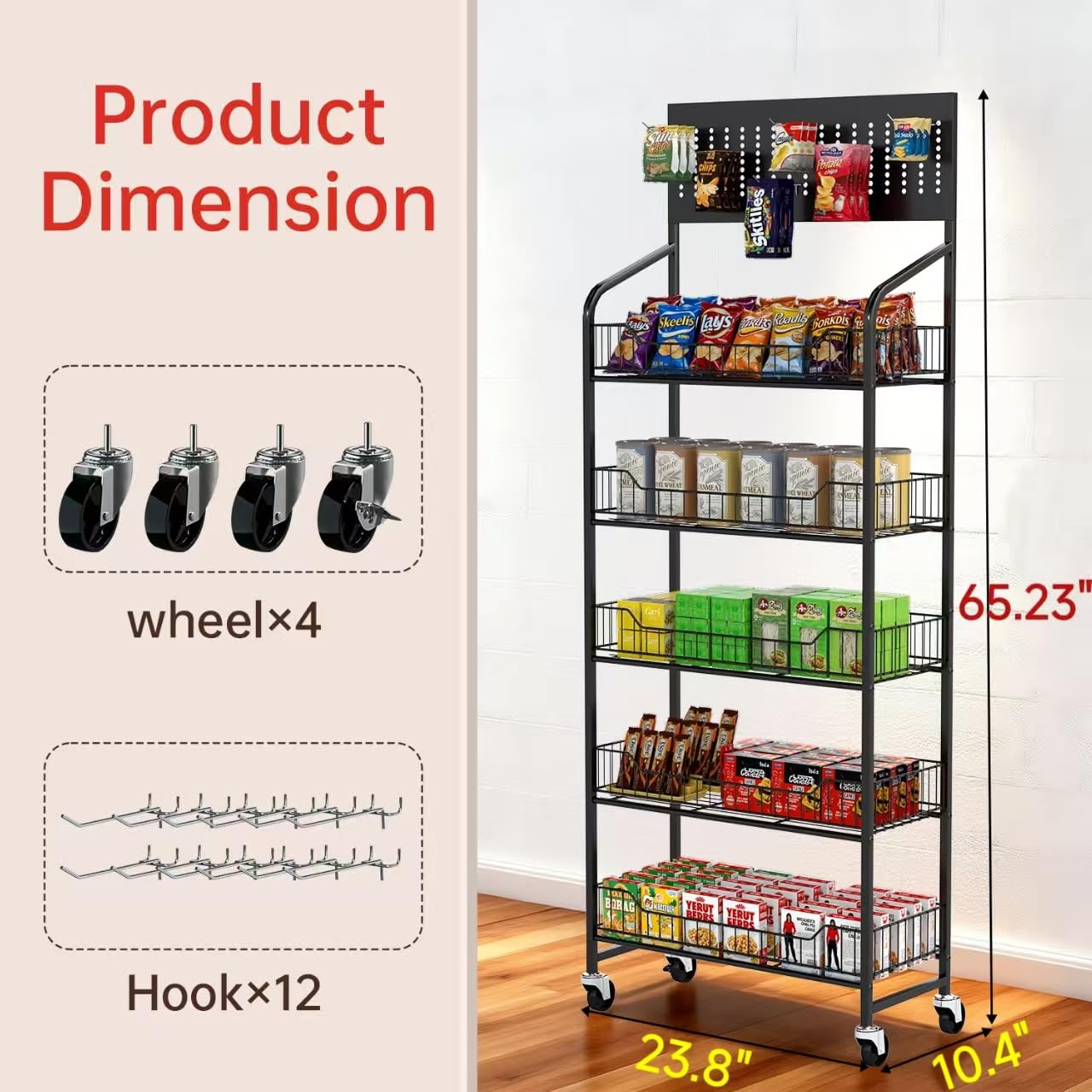5-Tier Metal Display Rack Large Snack Shelving Unit with Hanging Panels and 12 Hooks 4 Casters for Easy Mobility Freestanding Display Unit Ideal for Supermarkets and Retail Stores (65.23H*23.8W*10.4D)