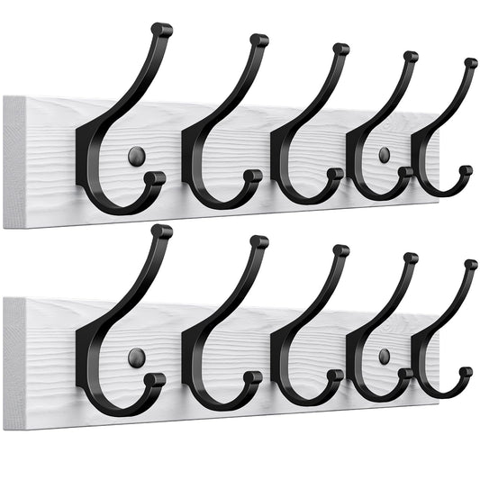 Optish 2 Pack Wooden Coat Rack Wall Mount, 16.1" Rustic Coat Hanger Hooks with 10 Double Hooks, Wall Coat Rack for Hat, Clothes, Bags, Jacket, Brown, White