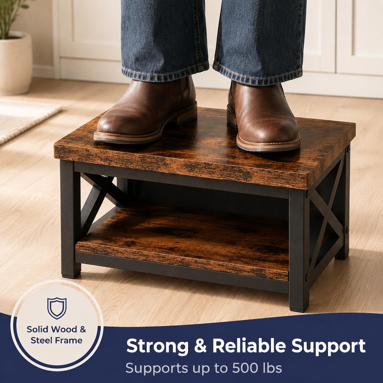 Wooden Step Stool for Adults – 8” Bed Step Stool with Storage Shelf, Anti-Slip Feet, Heavy-Duty Steel Frame, 500 lb Capacity – Rustic Brown