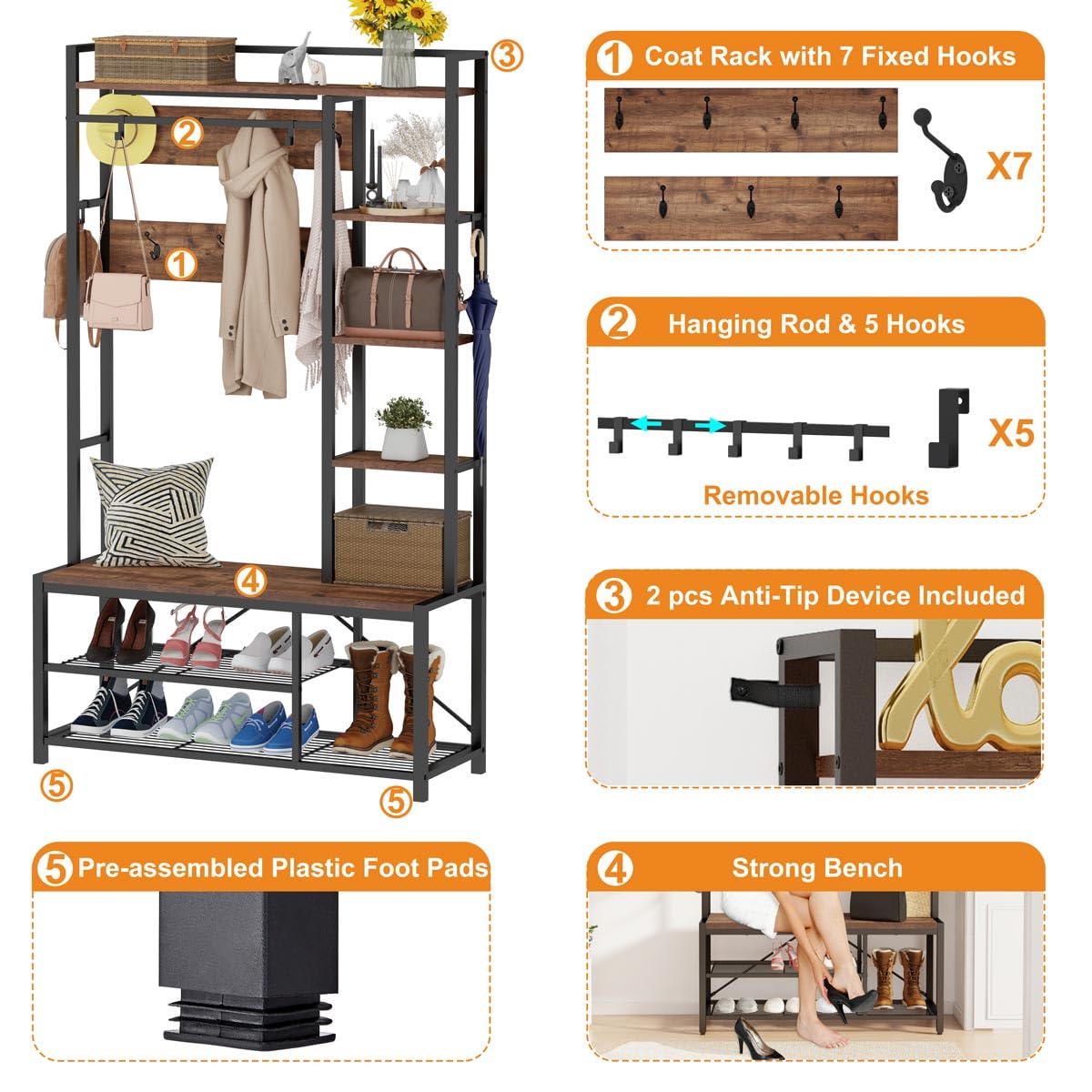 BON AUGURE Tall TV Stand for TVs up to 65 Inch, Hall Tree with Shoe Storage, 5-in-1 Reversible Entryway Bench, Media Console for Living Room and Bedroom