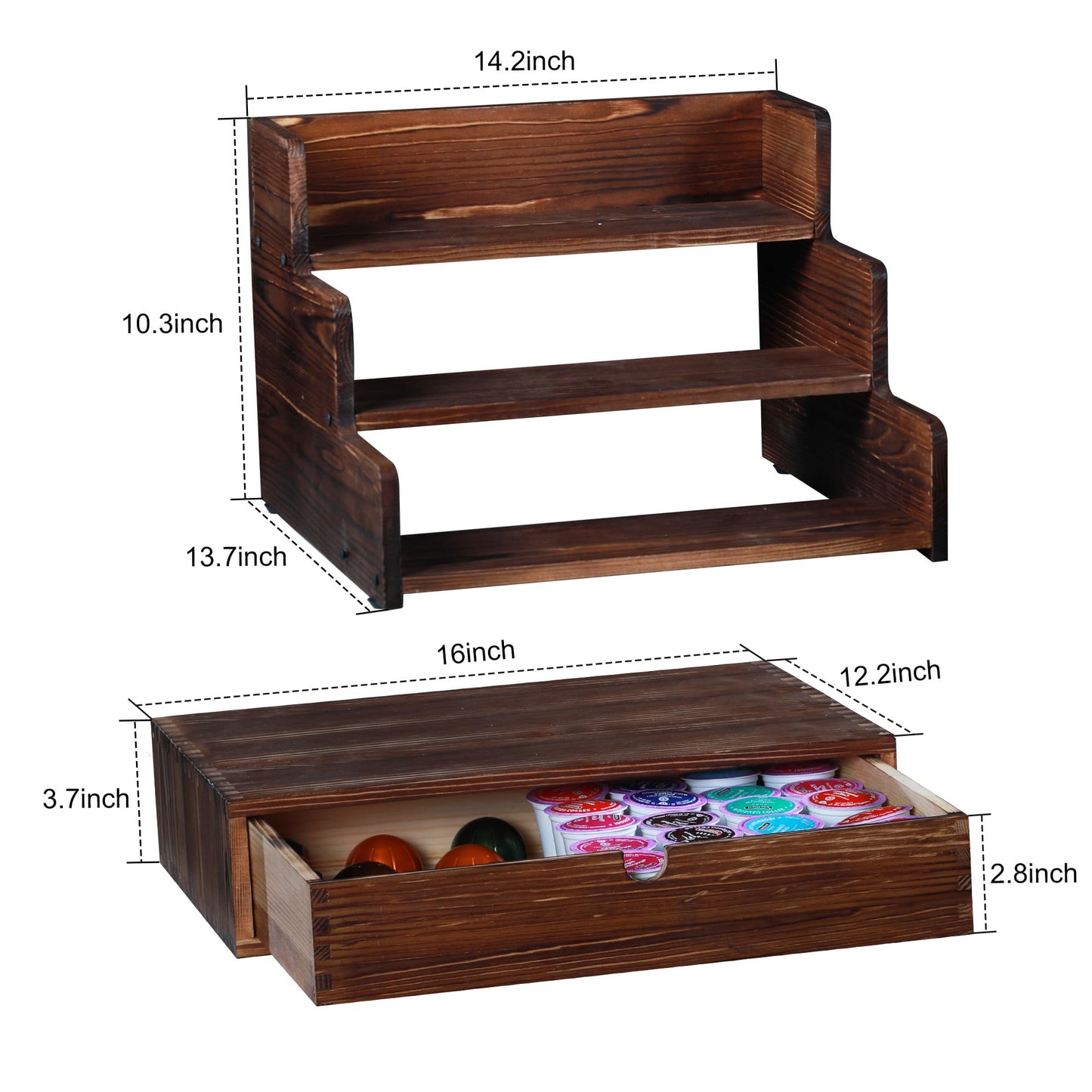 Wooden Coffee Station Organizer with K Cup Holder, 3-Tier Syrup Rack with Coffee Pod Holder Drawer,30 Pod Capacity, Coffee Bar Organizer for the Office and Home Kitchen,Rustic Brown
