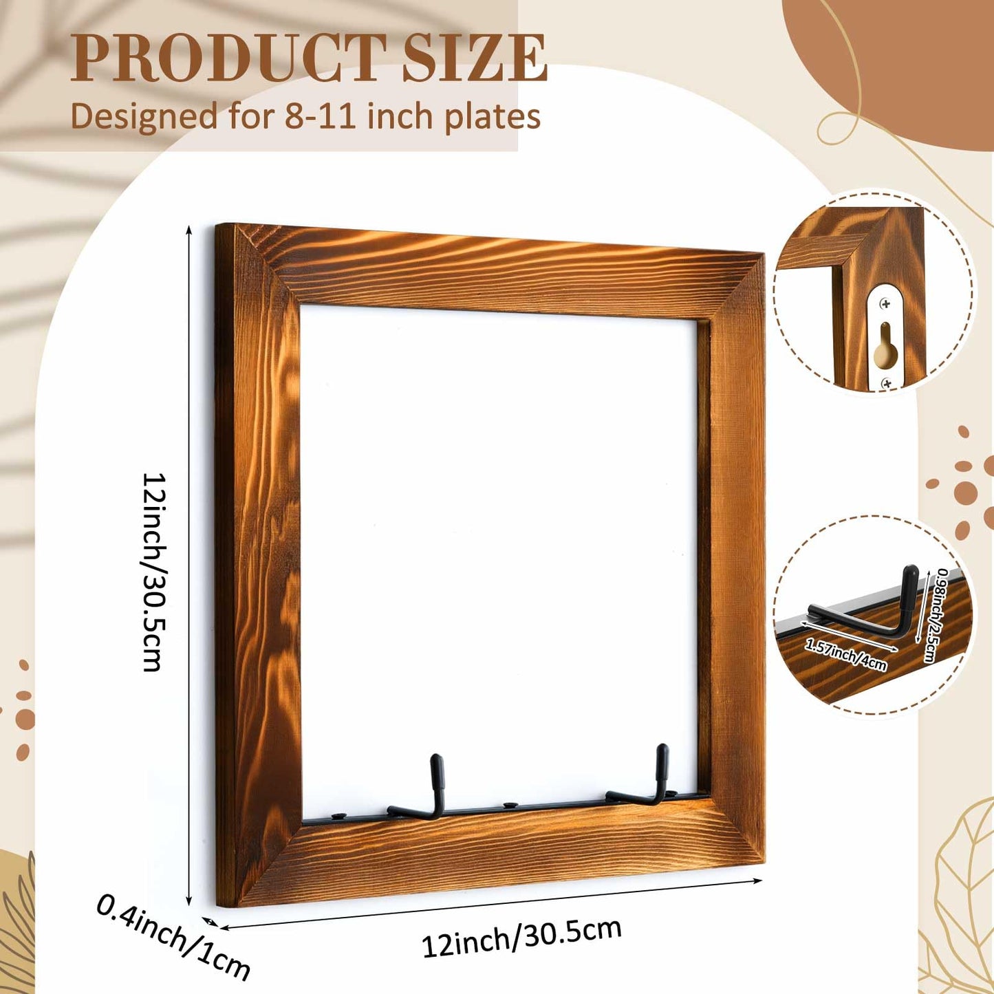 Yalikop 2 Set Plate Hangers, Wall Mounted Wooden Plate Display Holders, Rustic Burnt Solid Wood Frame with Black Metal Hooks for 8 to 11 Inch Plates, Platters & Dishes for Home & Kitchen Decoration