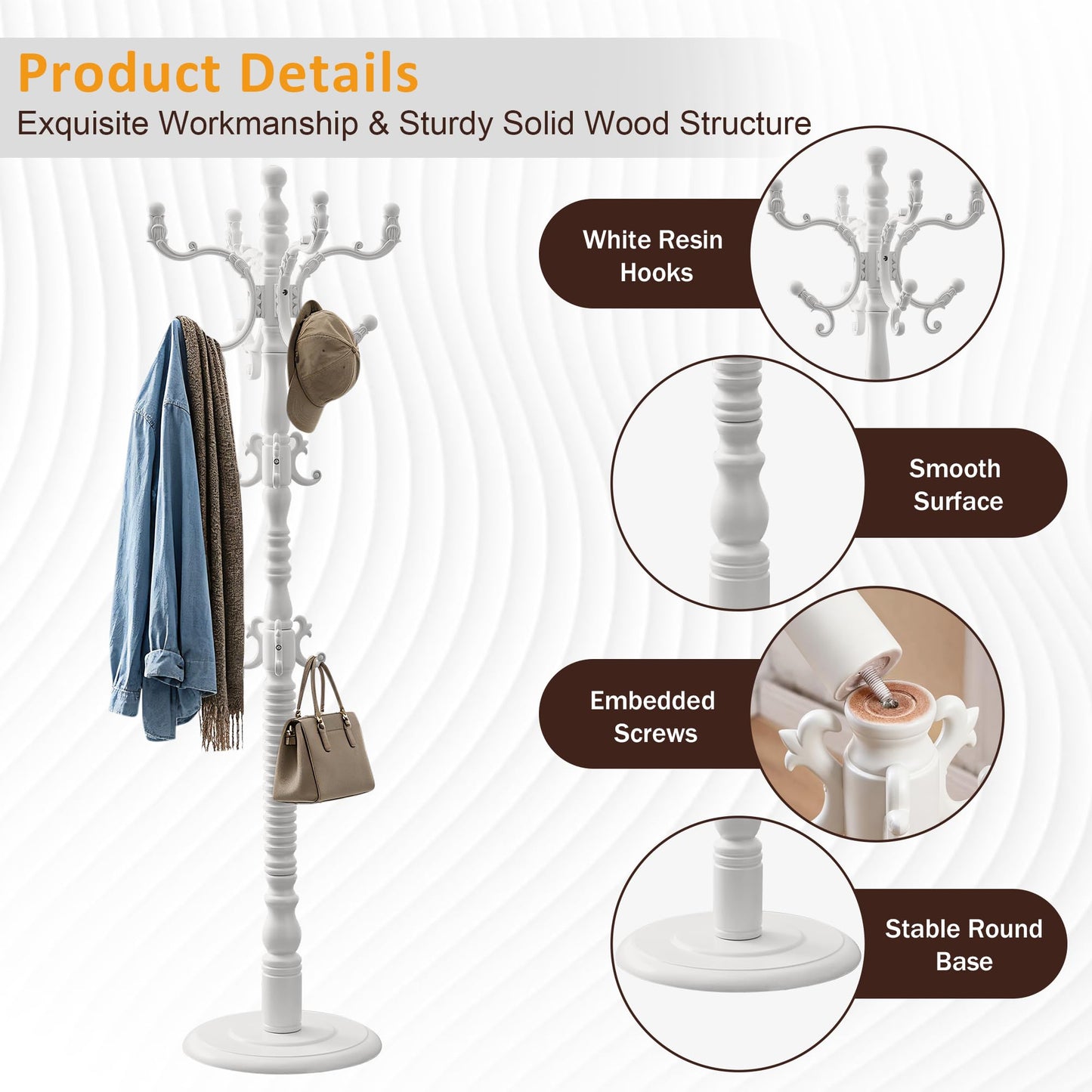 Oiotuesa Wood Coat Rack Freestanding with 14 hooks, Vintage Jacket hanger Tree for Entryway, Bedroom, Office, Hallway, 3-level Height Adjustment