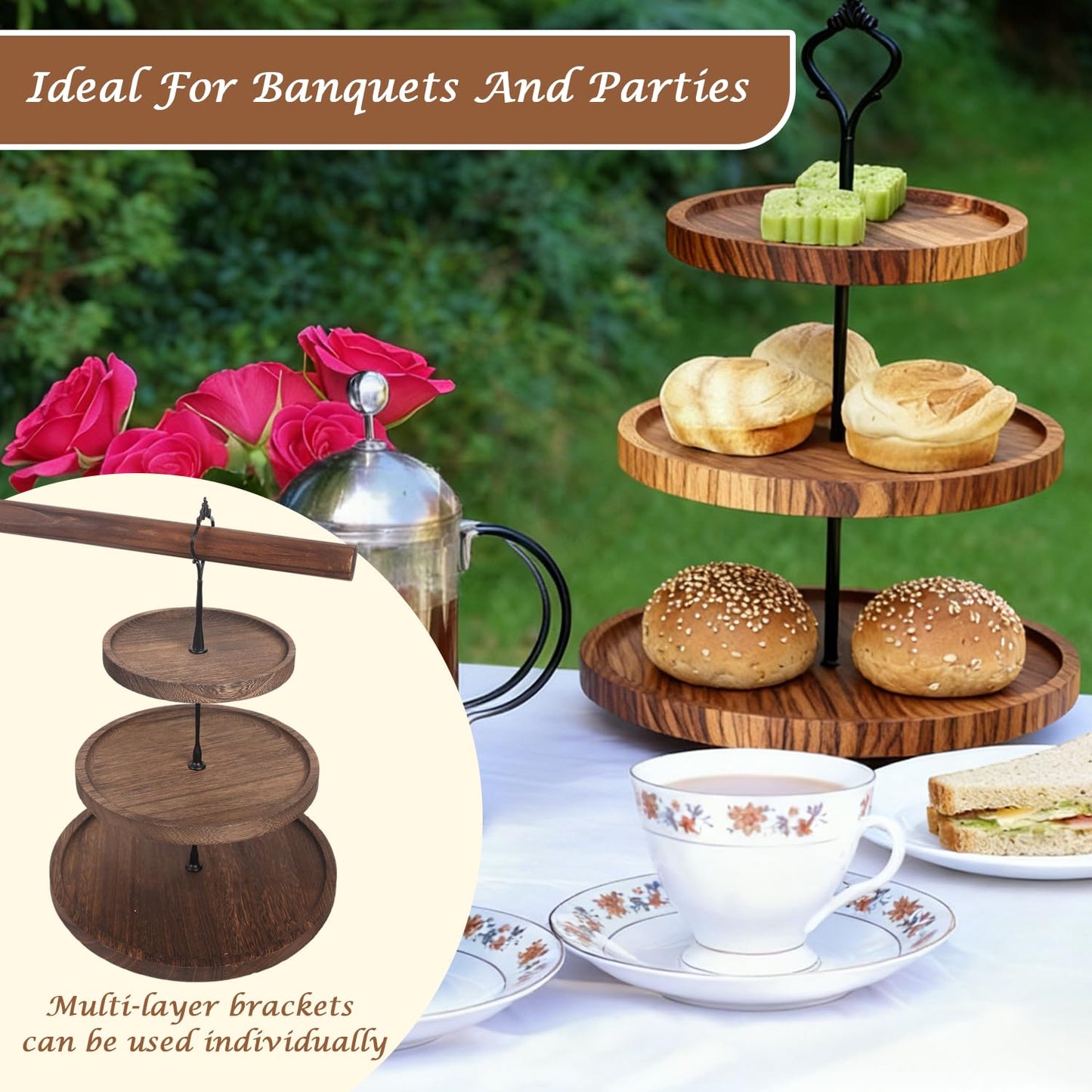 Wooden 3 Tier Cupcake Stand with Swing and Rose Vines Decor, Dessert Table Display Set Removable Serving Tray Cupcake Tower Centerpiece for Tea Party Birthday Baby Shower Wedding
