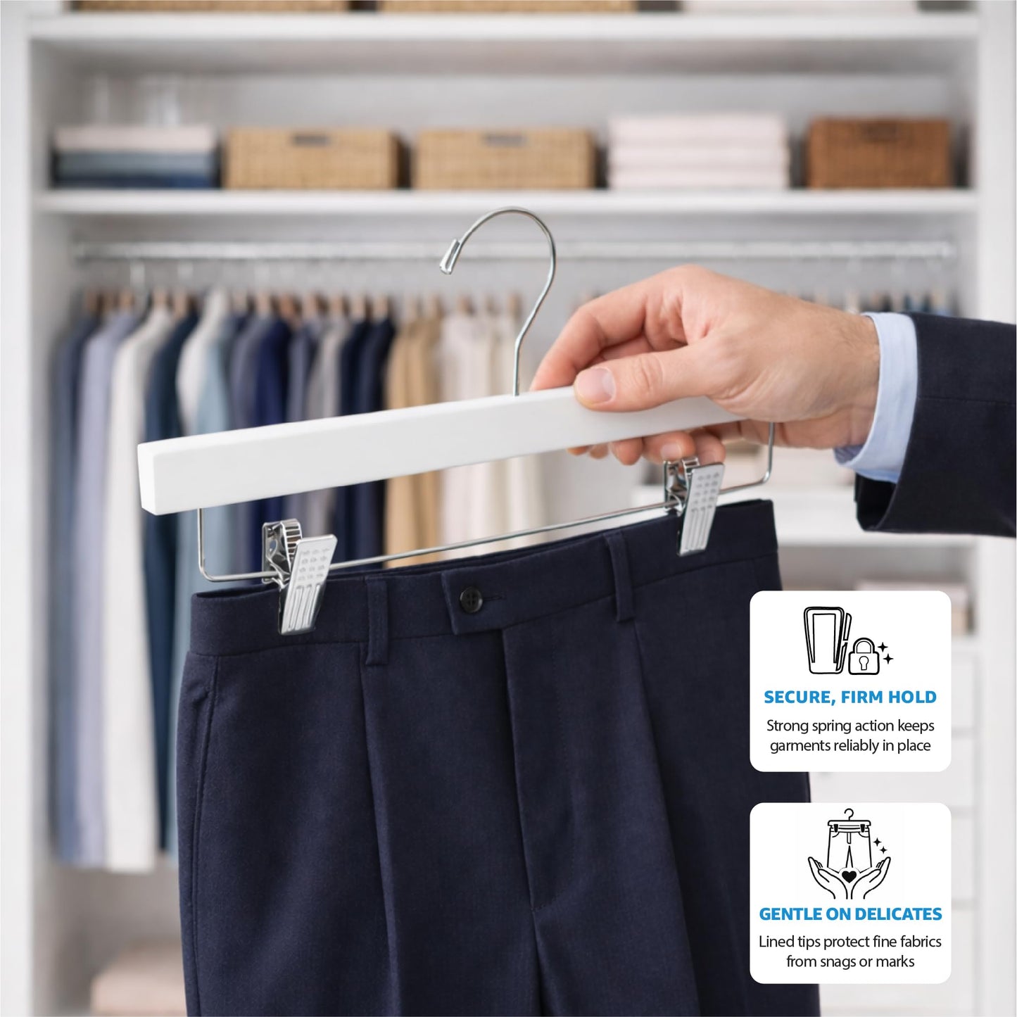 ZOBER Wooden Pants Hangers with Clips - 10 Pack Premium Wood Skirt Hangers for Women, Heavy Duty Wooden Hanger with Adjustable Metal Grip Clips for Jeans and Shorts, Smooth Finish White