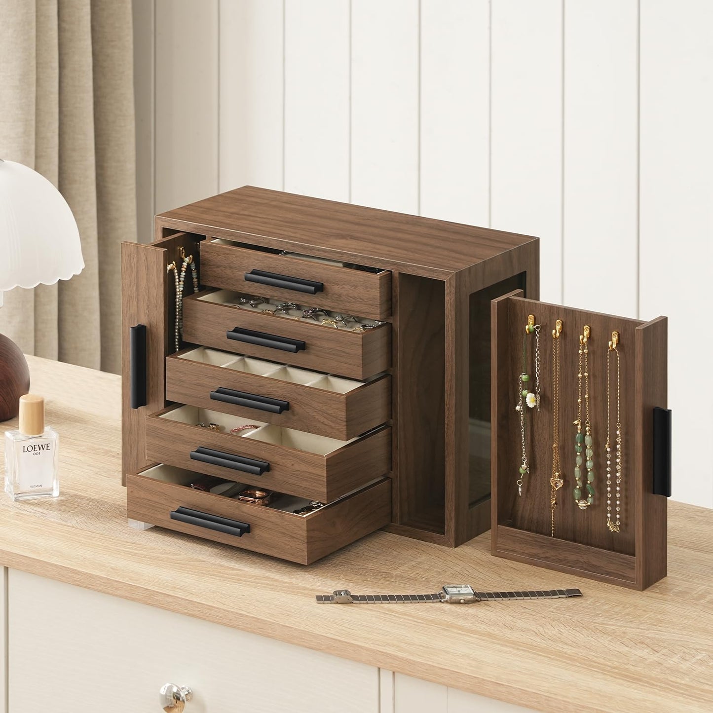 HOOBRO Jewelry Box with Mirror and 5-Tier Jewelry Box Bundle, Travel Jewelry Organizer with Glass Window, Jewelry Storage Box with 2 Vertical Drawers, BK03JB04G2-BH19JB04