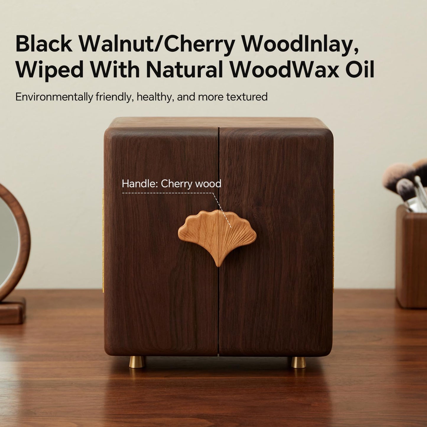 THFLSTR Solid Black Walnut Wood Jewelry Box for Women & Men, Large Velvet Lined Wooden Jewelry Organizer with 5 Drawers, Hand Carved Ginkgo Leaf Handles, Double Door Wardrobe Design