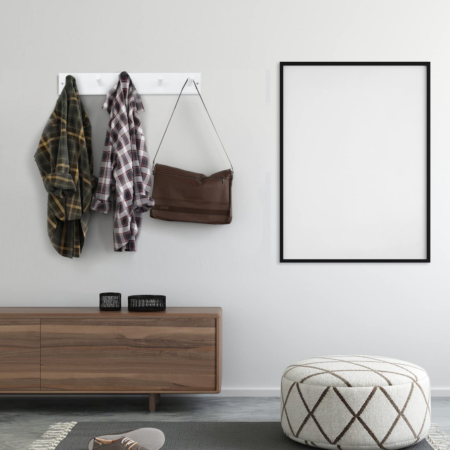 horkmous Wooden Coat Rack 2Pcs, 16'' Hole to Hole Wooden Wall-Mounted Coat Hooks, 5 Pegs Bamboo Wall Hooks for Hanging Towels, Hats, Robes, Clothes, Keys, White