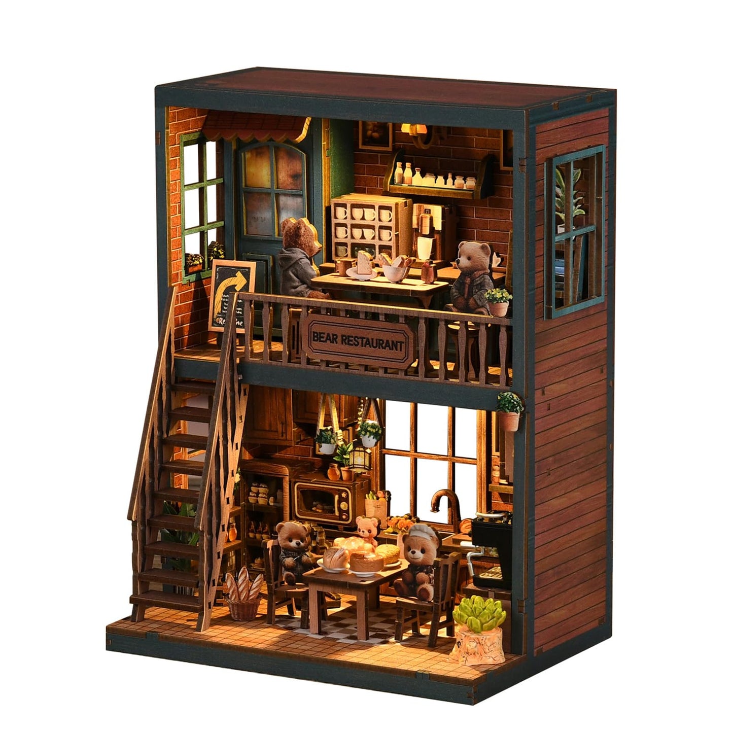 Hallisun DIY Miniature House Kit, Mini 3D Wooden Bear Restaurant Building Kit with Furniture and LED, Tiny Diorama Dollhouse Model Set, Handmade House Craft Birthday for Adults Teens