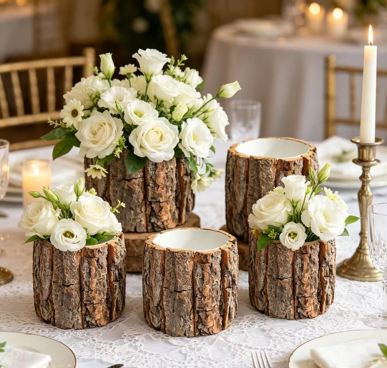 6 Set 4.72in Wooden Vases for Centerpieces, Wedding Flower Table Wood Vase Rustic Tree Stump Planter Pots with Foam Blocks for Woodland Party Home Farmhouse Table Decor (6 Set with Flower Foam)