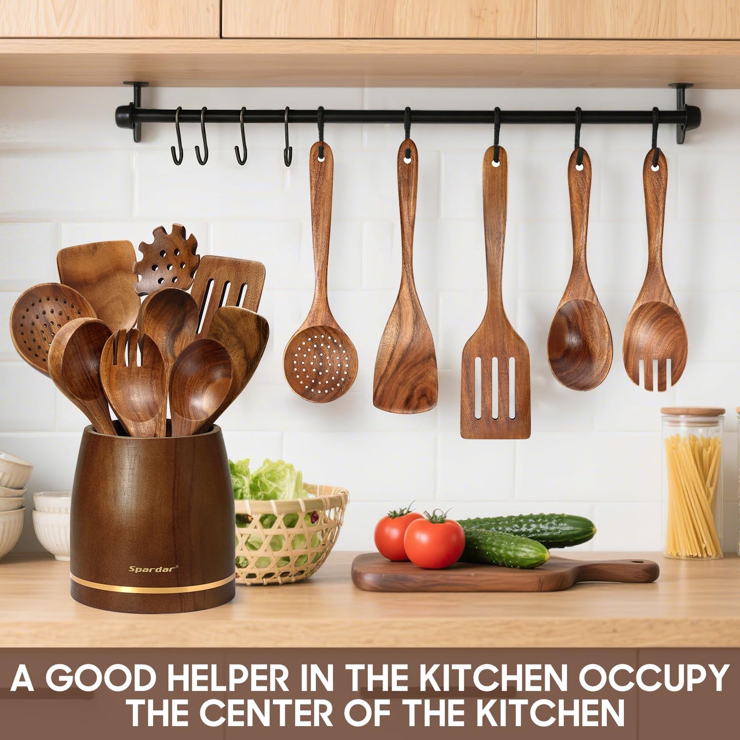 Spardar Wooden Spoons for Cooking, 12 Pcs Teak Wooden Utensil Set with 9 Pcs Spoons, Spoon Rest, 4.2" Utensil Holder, and Potholder for Kitchen Decor & Housewarming Gift