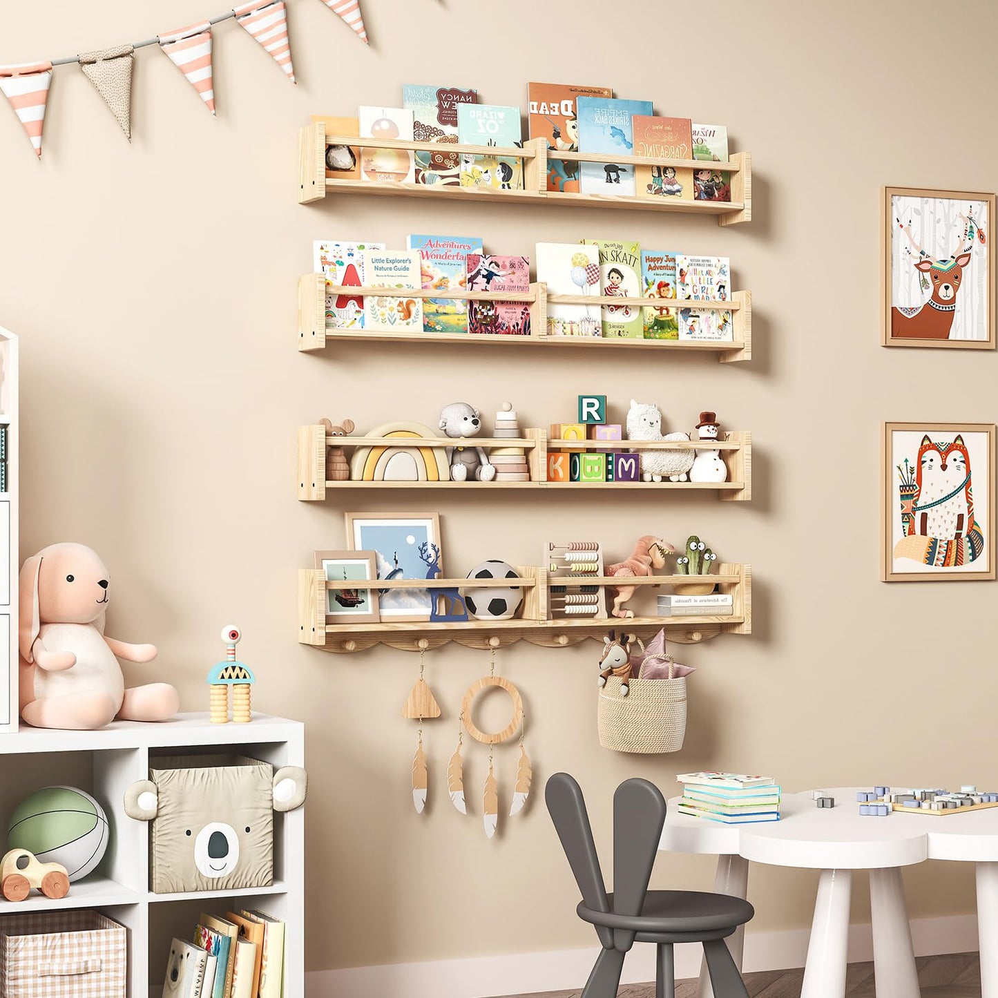 ECOOCE 34Inch Nursery Bookshelves,Set of 4,Wall Floating Shelf Kids Coat Rack with 6Hooks,Hanging Book Shelf for Baby Nursery Room Décor， Patent Number: 29958098(Burlywood, 34)