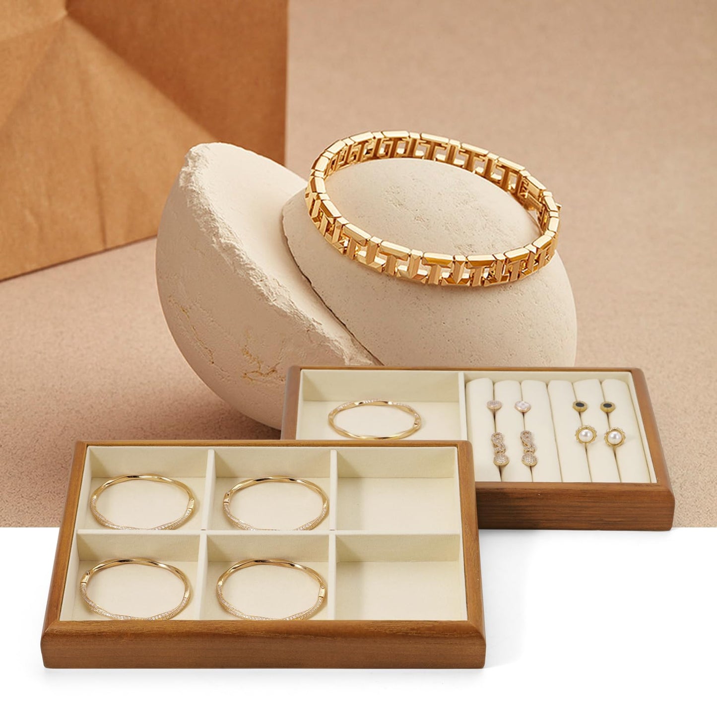 Oirlv Solid Wood Multifunctional Ring Earrings Studs Bangle Jewelry Organizer Tray Jewelry Drawer Organizer(Creamy White)
