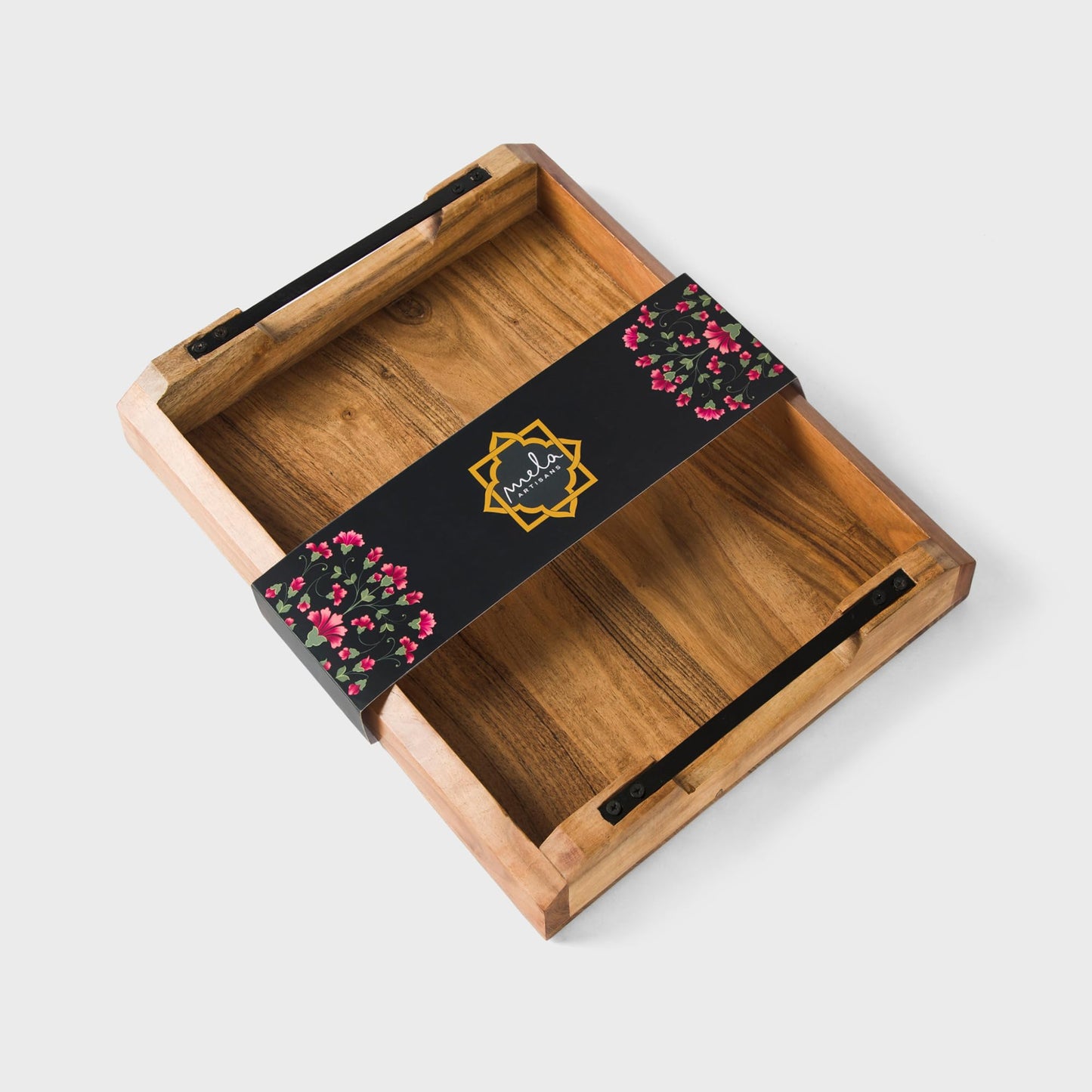Mela Artisans 16 x 13 x 2.25 in Acacia Wood Serving Tray with Metal Handles – Rectangular Wooden Tray for Breakfast in Bed, Coffee Table Decor & Home Display