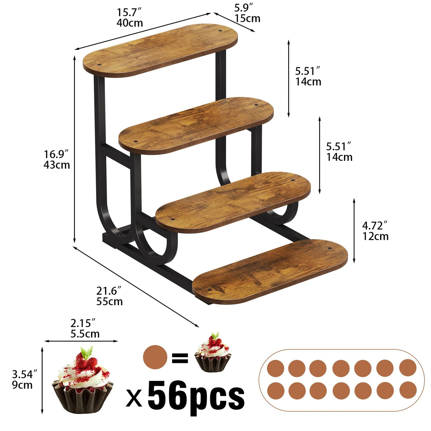 Trironsun Rustic Stepped Cupcake Stand for 50 Cupcakes 4-Tier Wooden Display Stand with Metal Frame Dessert Table Riser Shelf for Part, Bakery Farmers Market or Home Decor