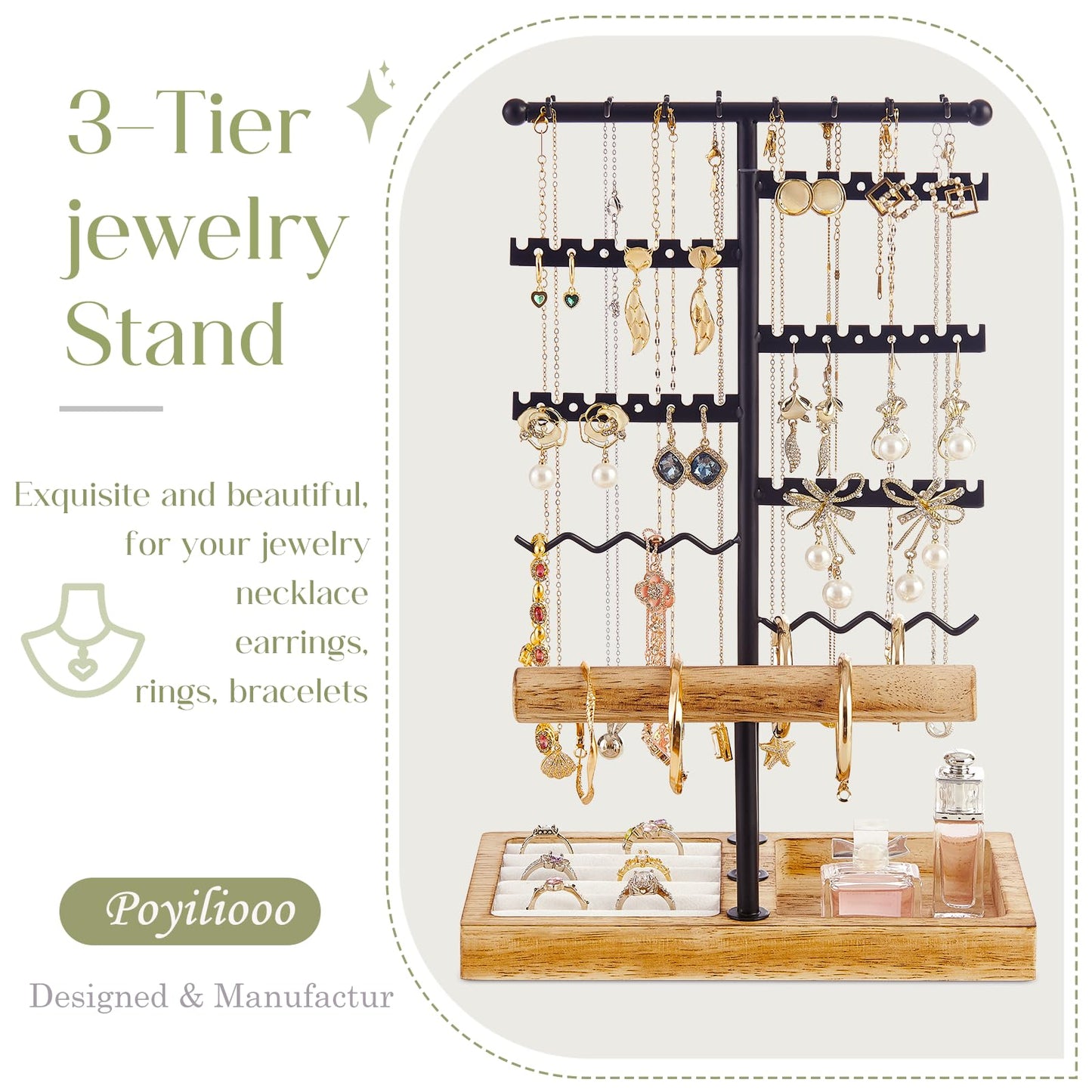 Poyilooo Earring Holder Jewelry Stand, 3 Tier Jewelry Organizer with Ring Holder Tray for Necklace Earring Keychains Bracelet Rings Display Jewelry Tree Stand (Carbonized Brown)